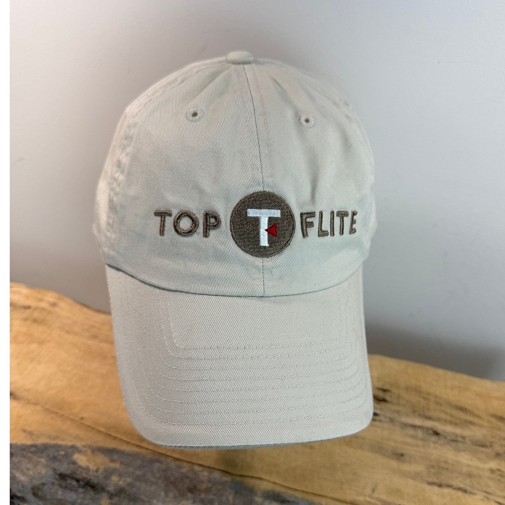 Top Flite Golf Hat Mens Beige Adjustable Strapback Embroidered Logo Dad Cap